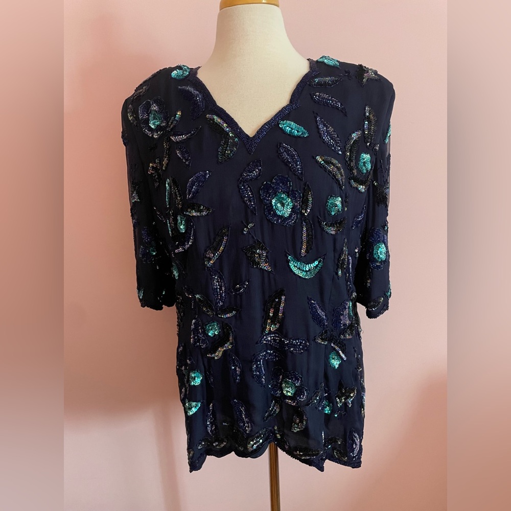 Vintage Frank Usher Silk Navy Sequin Floral Top